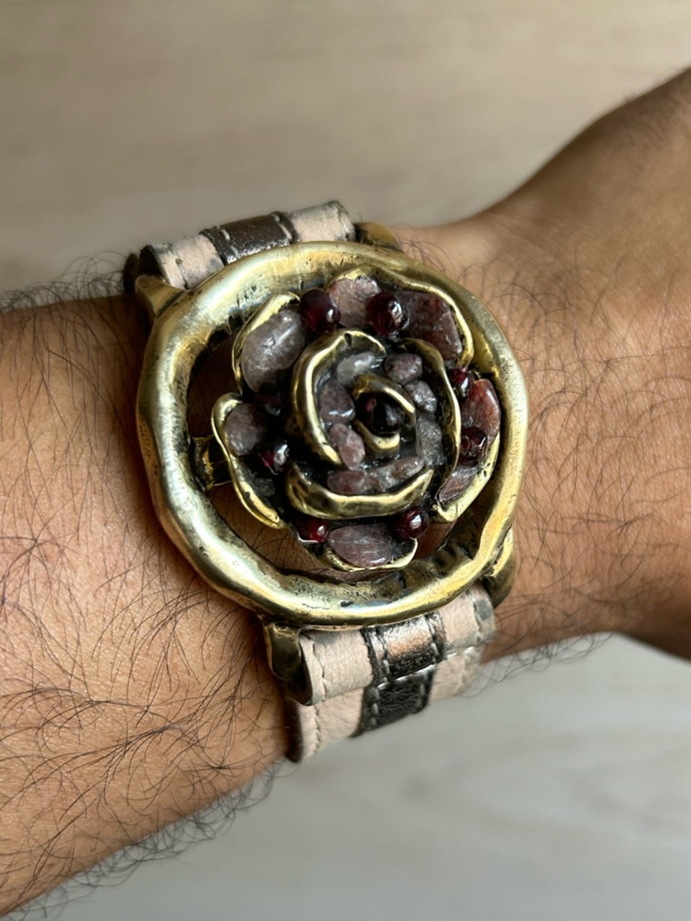 Vintage Boho Flower Cuff Statement Bracelet with Strawberry Quartz and Garnet